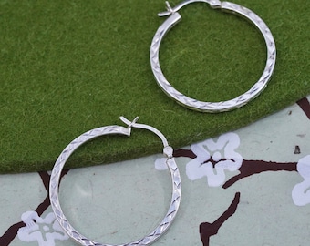 1.25", Vintage sterling 925 silver loop earrings, fashion minimalist primitive textured hoops, stamped 925