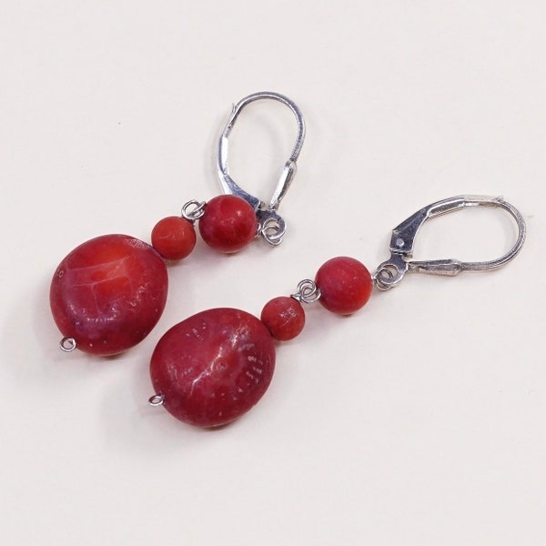 Vintage (000950) sterling silver earrings, 925 Mexico silver with red coral beads, handmade southwestern style, stamped 925