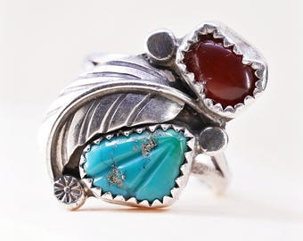 Talla 6.75, Anillo vintage de plata de ley 925 hecho a mano por Randall Endito, nativo americano, con turquesa, coral, plata probada, con sello E