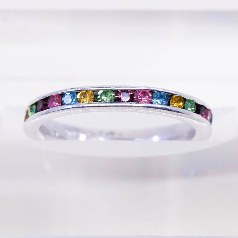 Sterling 925 silver band ring with princess cut colorful crystal stamped 925 Size 7