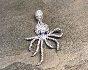 Vintage sterling silver pendant, solid 925 silver octopus with Swarovski and blue topaz eyes, stamped 925 China