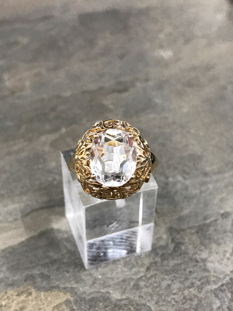 gold over engagement ring sterling silver CZ ring Size 6.5 fine 925 silver with crystal and filigree details 010809 stamped 925