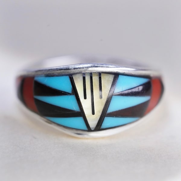 Size 6, vintage Native Americans Kay Johnson Sterling silver handmade ring, 925 band with turquoise coral inlay, stamped 925 Arrow