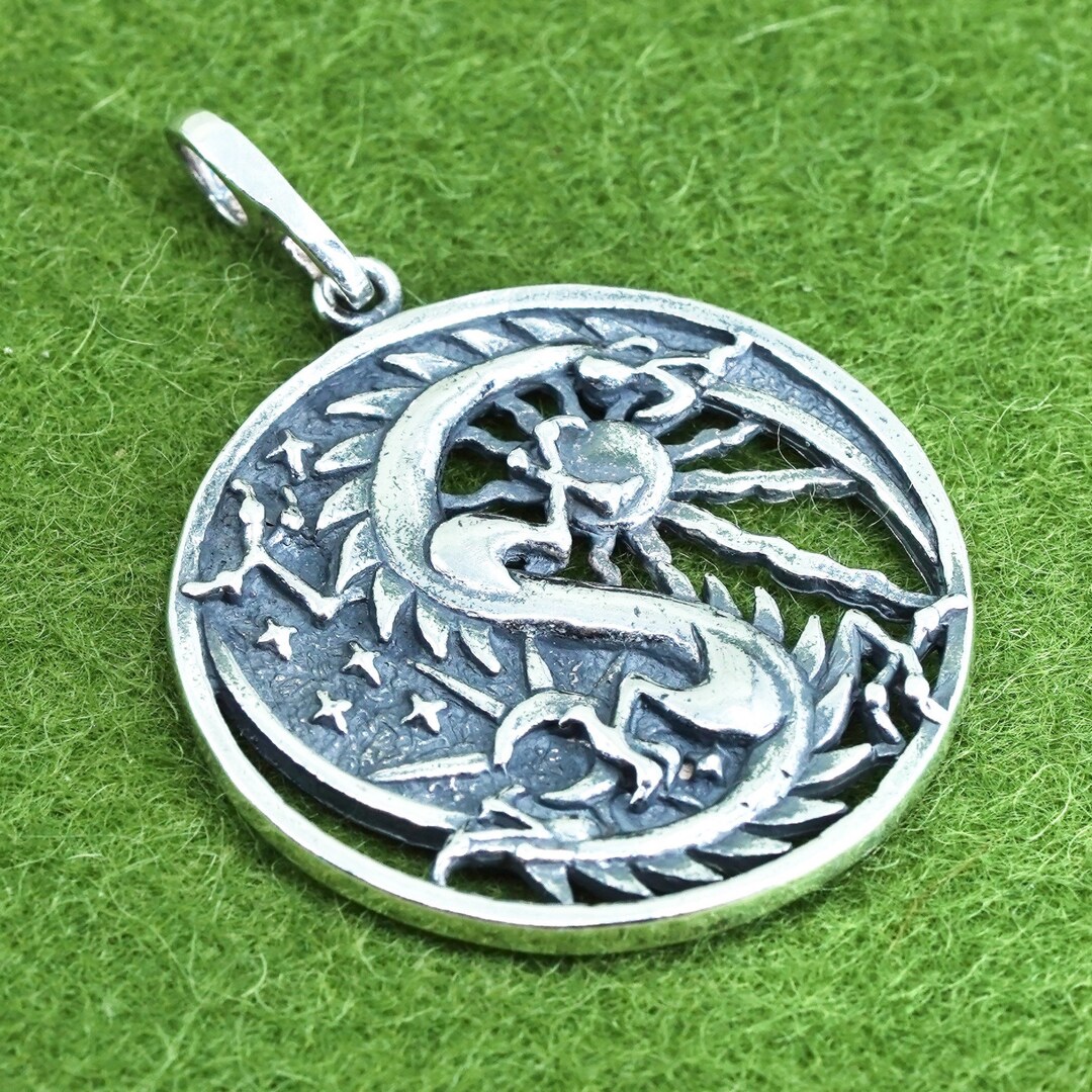 Vintage Sterling Silver Handmade Pendant, 925 Dragon Sun Moon Circle