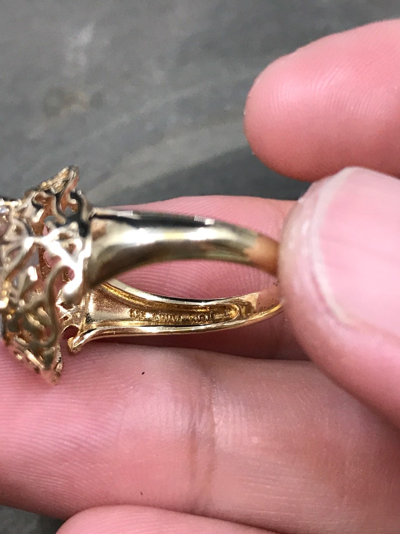 gold over engagement ring sterling silver CZ ring Size 6.5 fine 925 silver with crystal and filigree details 010809 stamped 925
