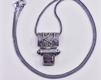 16", 2mm, Sterling silver handmade necklace, solid 925 silver flatten wheat link chain with handmade pendant with citrine, stamped 925