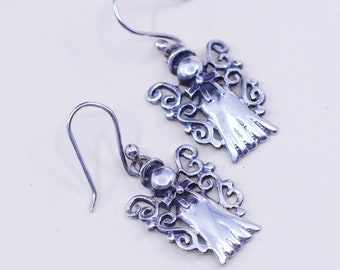 Vintage Sterling Silber Ohrringe handgemacht, 925 filigrane Engel Baumeln, gestempelt 925