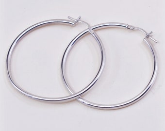 1.5” Vintage sterling silver loop earrings, fashion minimalist primitive hoops, Stamped 925