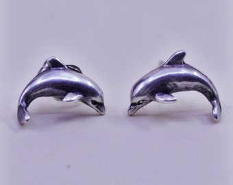 Vintage Sterling 925 Silber handgemachte Delfin Ohrstecker, Ohrringe, gestempelt 925