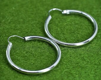 1” Vintage sterling 925 silver earrings, fashion minimalist primitive hoops, Stamped silver