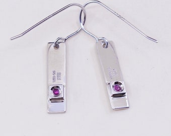 1”, Vintage Elle sterling 925 silver earrings, rectangular dangle with ruby embossed Hope, stamped Elle 925 China