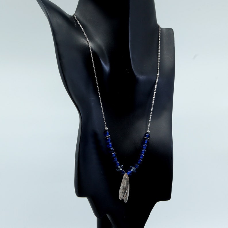Sterling silver handmade necklace stamped 925 italy 925 circle link chain with leaves pendant and blue glass beads 16+1.5\u201d