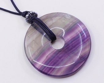 20”, Vintage Handmade necklace fluorite circle pendant with leather chain and sterling 925 silver clasp, silver tested
