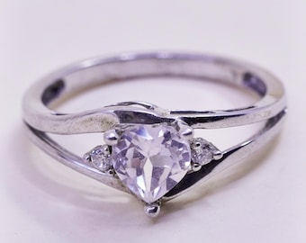 Size 7.25, Vintage handmade sterling 925 silver heart crystal ring, stamped 925