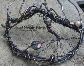 Midnight Moon: Oxidized copper wire wrapped tree hair comb HA0027