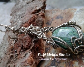 Spaced Out green jasper and sterling silver wire wrapped pendant DA0103