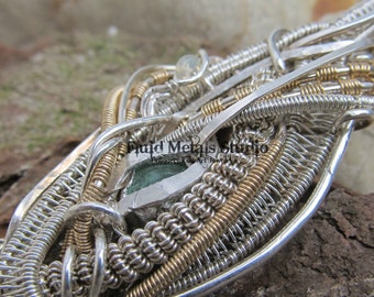 Silver and gold green tourmaline heady wire wrap pendant P0033