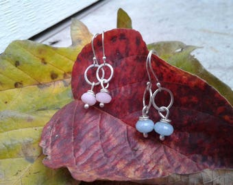 Simone sterling silver aquamarine or rose quartz circle gemstone drop earrings
