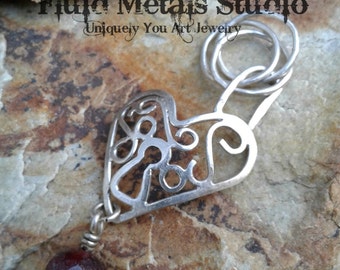 Key to my heart sterling silver filigree heart and ruby pendant DA0102