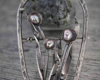 Garden Grove sterling silver and pearl shawl pin/ brooch