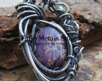 Josie: Aquaterra Jasper and sapphire sterling silver oxidized heady wire wrap pendant P0034