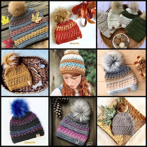 May include: Nine different crocheted hats with pom poms in various colors and styles. The hats are displayed on a variety of backgrounds, including wood, wicker, and fabric.