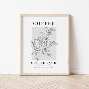 Coffee Flower Art Print, Coffee Lover Minimalist Wall Art, Botanical Line Illustration, Coffee Snob Wall Art, Black and White Wall Print