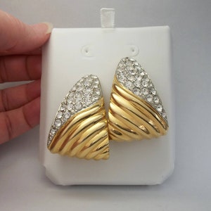 Vintage Les Bernard Big Gold Pave Clear Crystals Clip on Earrings Crystal Rhinestone Designer Signed Statement Jewelry Large Huge Earrings