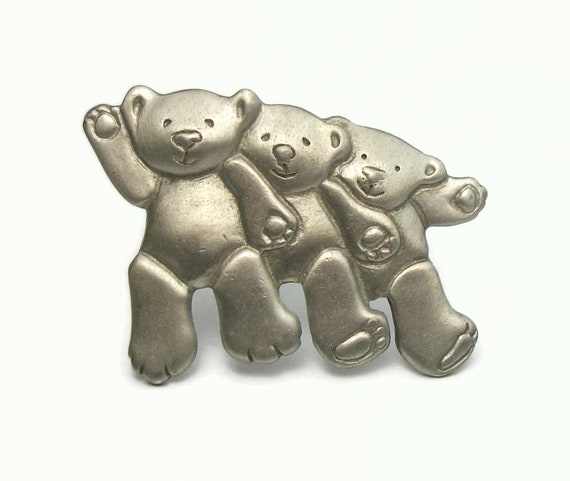 Vintage Bear Brooch Pewter Three Bears Pin Signed… - image 1