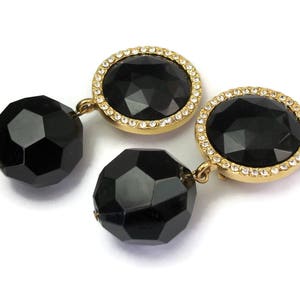 Vintage Les Bernard Chunky Black & Gold Drop Clip On Earrings Clear Crystal Rhinestones Large Faceted Balls Signed Designer Dangle Earrings