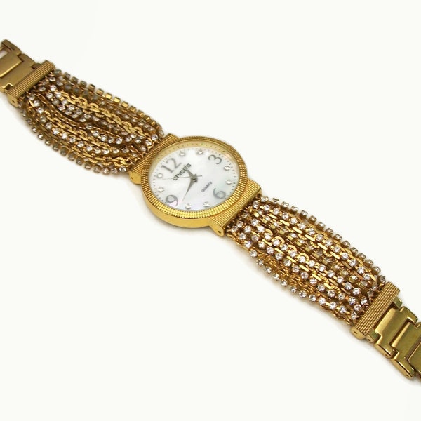 Vintage Chico's Gold Watch with Mother of Pearl Face and Crystal Chains Band size 6 12 inch Women's Unisex Analog Watch, New Battery
