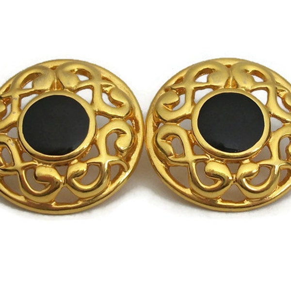 Anne Klein Post Ohrringe Gold Ton und schwarzen Emaille - große große Runde signierte AK offene Design Ohrringe für durchbohrten Ohren