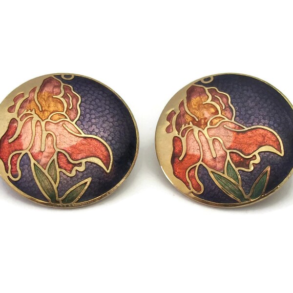 Vintage Iris Flower Cloisonne Enamel Earrings Purple & Orange Big Floral Stud Post Earrings for Pierced Ears 1 inch Round Statement Jewelry