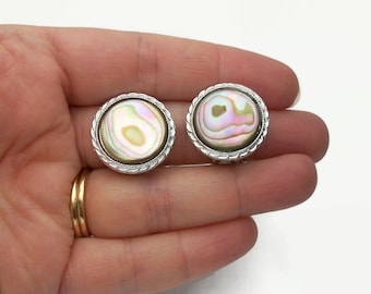 Vintage Abalone Clip on Earrings Round Silver Earrings with Abalone Shell Mother of Pearl MOP Made in Japan 1950s