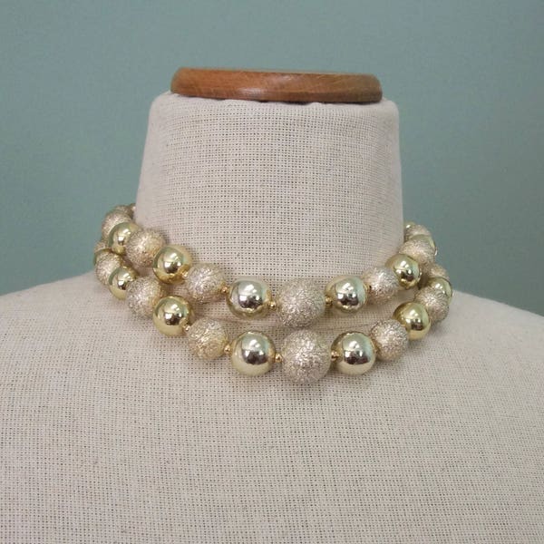 Vintage Coro Choker Chunky Gold Tone Double Strand 14 to 16 inch Beaded Round Beads Crackle Finish Hook Clasp Mid Century Signed Jewelry
