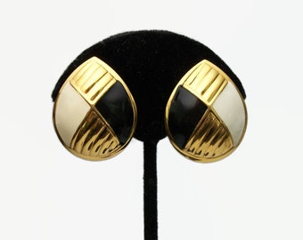 Vintage Large Gold Black and White Enamel Clip on Earrings Teardrop Shaped Big Color Block Earrings 1980s