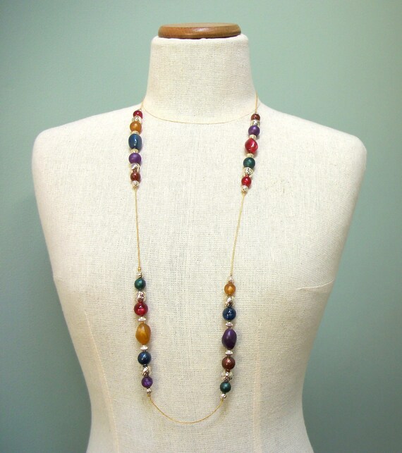 Vintage Jewel Tone Beaded Necklace Long  36" Chai… - image 1