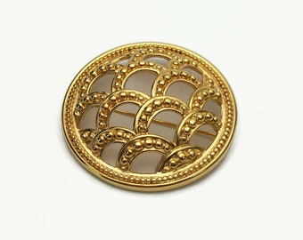Vintage Monet Round Domed Gold Shield Brooch Scalloped Openwork Fish Scale Design Statement Lapel Pin