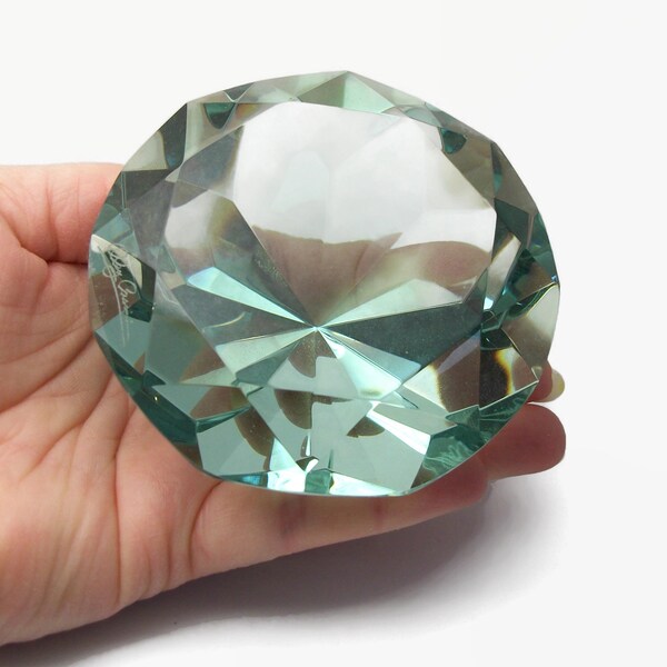 Vintage Oleg Cassini Aqua Blue Diamond Cut Crystal Glass Paperweight Signed Heavy Shelf Suncatcher