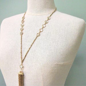 Vintage Crystal Tassel Necklace with Cone Shaped Crystals in Open Gold Bezel Settings Long 28" Bar and Bezel Chain Link Pendant