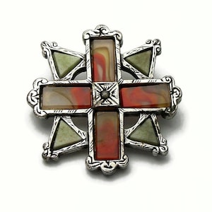 Vintage Miracle Brooch Faux Scottish Agate and Connemara Marble Marbled Red Orange White and Green Pin Celtic Jewelry