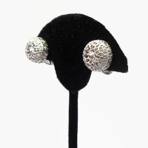 Vintage Monet Silver Filigree Clip on Earrings 1/2 inch diameter Button Earrings Signed Jewelry