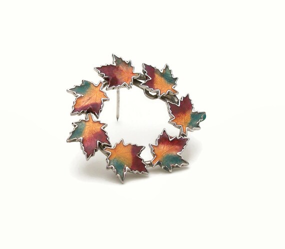 Vintage Autumn Leaves Circle Pin Enamel Fall Mapl… - image 5