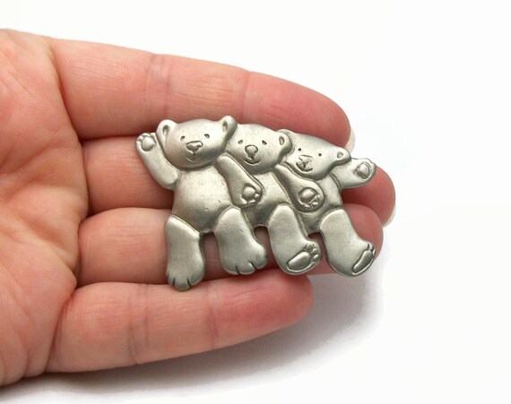 Vintage Bear Brooch Pewter Three Bears Pin Signed… - image 3