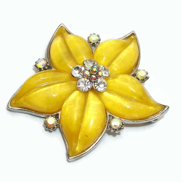 Vintage Yellow Lucite Starfish Brooch Puffy Star Shaped Pin Lapel Pin with Rhinestone Accents