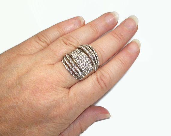 Vintage Silver Rhinestone Ring  U.S. size 9 Large… - image 1