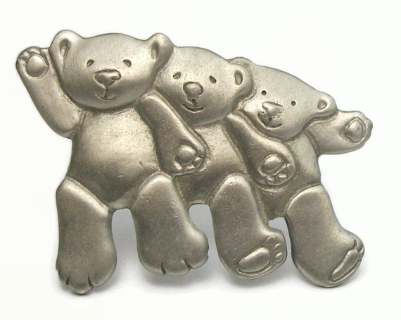 Vintage Bear Brooch Pewter Three Bears Pin Signed… - image 2