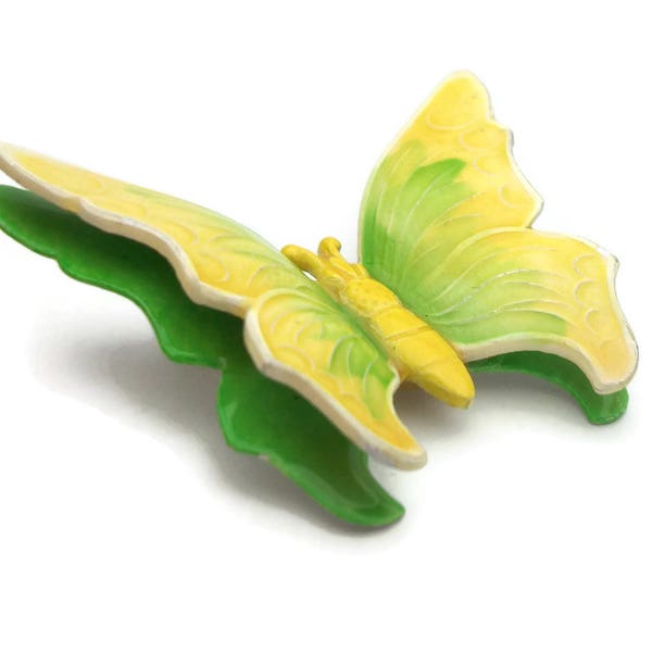 Vintage Yellow and Chartreuse Green Butterfly Brooch Made in West Germany Lightweight Plastic or Painted Eloxal 3D Insect Pin