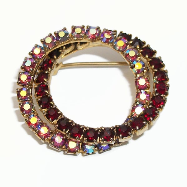 Vintage Entwined Circles Brooch with Prong Set Garnet Red and Pink AB Crystals Aurora Borealis Love Knot Lapel Pin