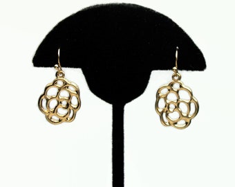Gold Dangle Earrings Abstract Floral Honeycomb Openwork Design Hook Earrings